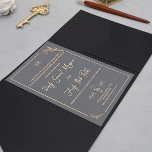 Gold gilding printed acrylic invitation, Black envelope with pocket, rsvp card with QR code, Customizable color and print types image 5