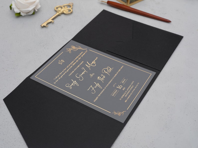 Goldvergoldung gedruckte Acryleinladung, Schwarzer Umschlag mit Tasche, Rsvp-Karte mit QR-Code, anpassbare Farbe und Drucktypen Bild 5