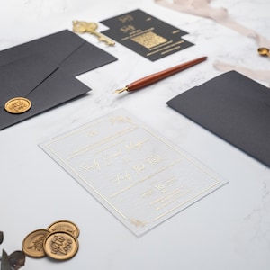 Goldvergoldung gedruckte Acryleinladung, Schwarzer Umschlag mit Tasche, Rsvp-Karte mit QR-Code, anpassbare Farbe und Drucktypen Bild 6