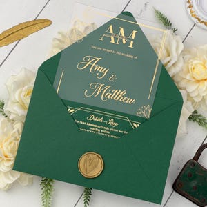 Emerald Green And Gold Foil Acrylic Wedding Invitation, Fast Delivery Invites