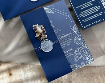 Silver Foil Royal Blue Wedding Invitation: Acrylic Card with Dried Flowers