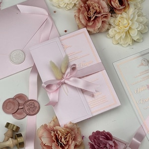 Glitter Pink Half Cover Acrylic Wedding Invitation Suite, Glitter Pink Wedding Card, Gold Glitter Invitation