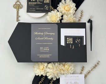 Elegant and Simple Designed Gold Printed Black Pocketfold Envelope Acrylic Wedding Invitation Suite