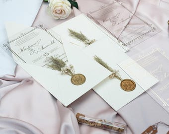 Clear Acrylic Wedding Invitation With Dried Flower Decorations, Mailable Envelope With Gold Print