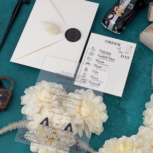 Noble Black Foil Wedding Venue Invitation, Ivory Order Of The Day Card, Custom Initials Seal