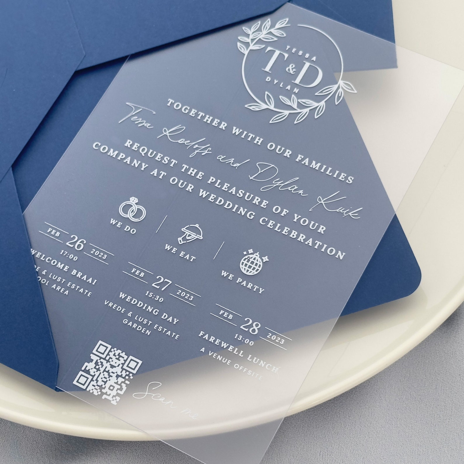 White Ink Frosted Acrylic Wedding Invitation With Timeline and Initial ...