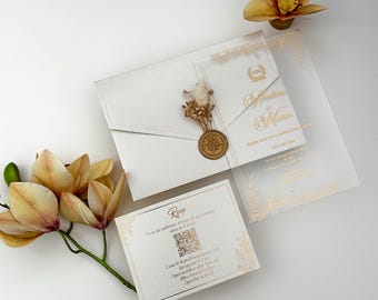 Ivory Acrylic Wedding Invitation Set with Trifold Envelope & Wax Seal