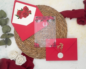 Invitación de boda acrílica diseñada con rosas rojas únicas, diseño personalizable, envío gratis