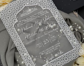 Silver Foil Islamic Domed Acrylic Invitation For Nikkah Or Wedding Ceremony