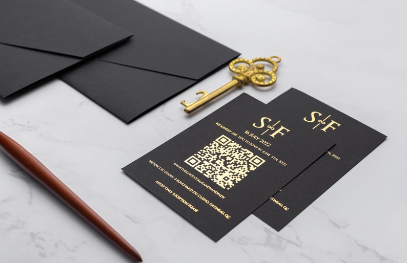 Gold gilding printed acrylic invitation, Black envelope with pocket, rsvp card with QR code, Customizable color and print types image 4