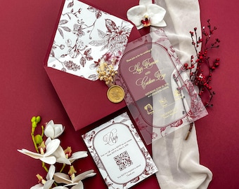 Burgundy Clear Acrylic Wedding Invitations With Real Gold Foil | Rsvp Card With QR Code