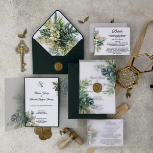 Lush Greenery Wedding Invitations with Vellum Jacket & Wax Seal, Stunning Botanical Wedding Invite Set, Modern Botanical Vellum Wrap Invites