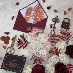 Fine Art Luxury Copper And White Foil Transparent Acrylic Wedding Invitation With Burgundy Mailable Envelope