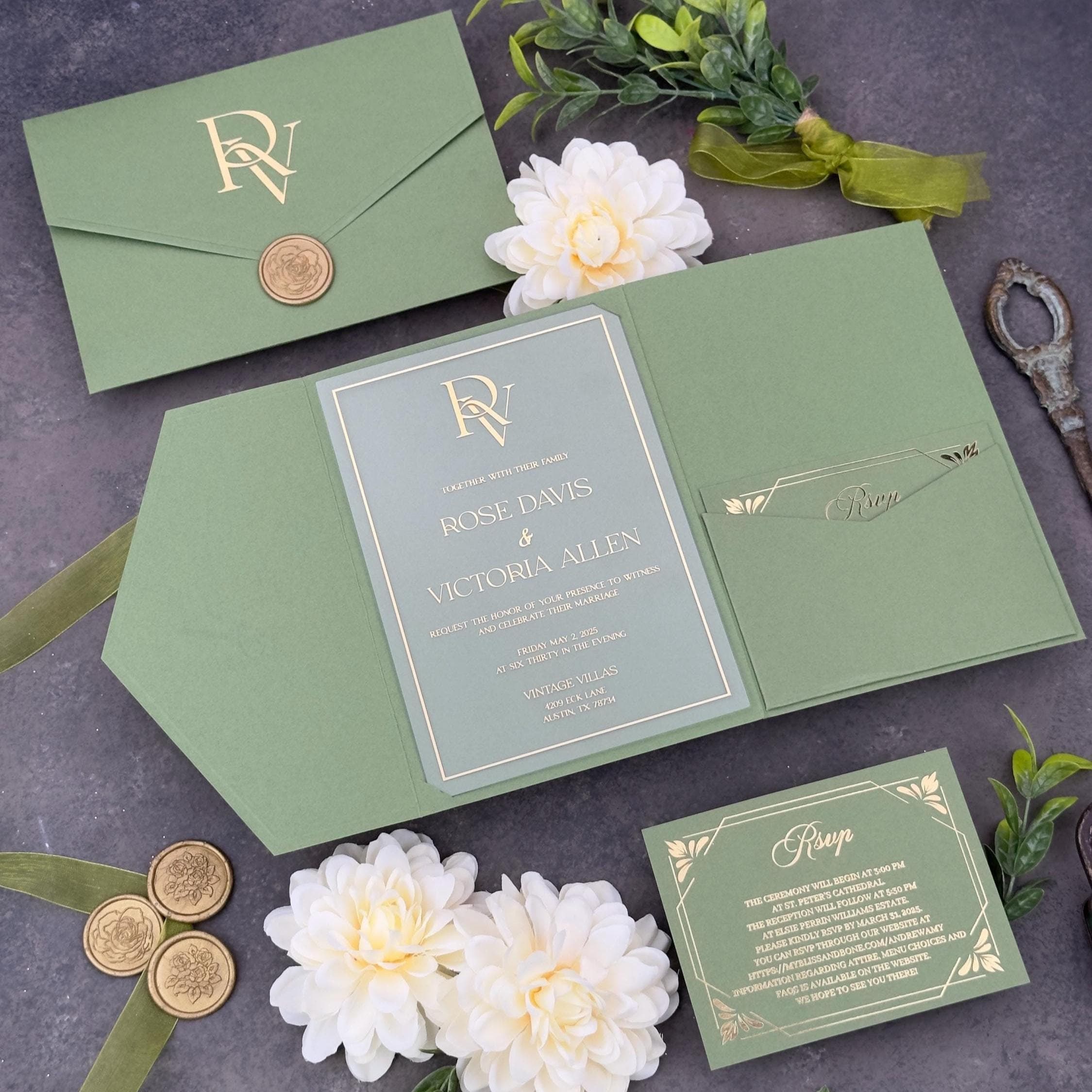 Sage Green Impressive Pocketfold Invitation DIY 135x185 Mm