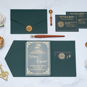 Dark green envelope with pocket, Wedding invitation with gold glitter print, rsvp card with QR code, With Love seal, Customizable envelope 画像 5