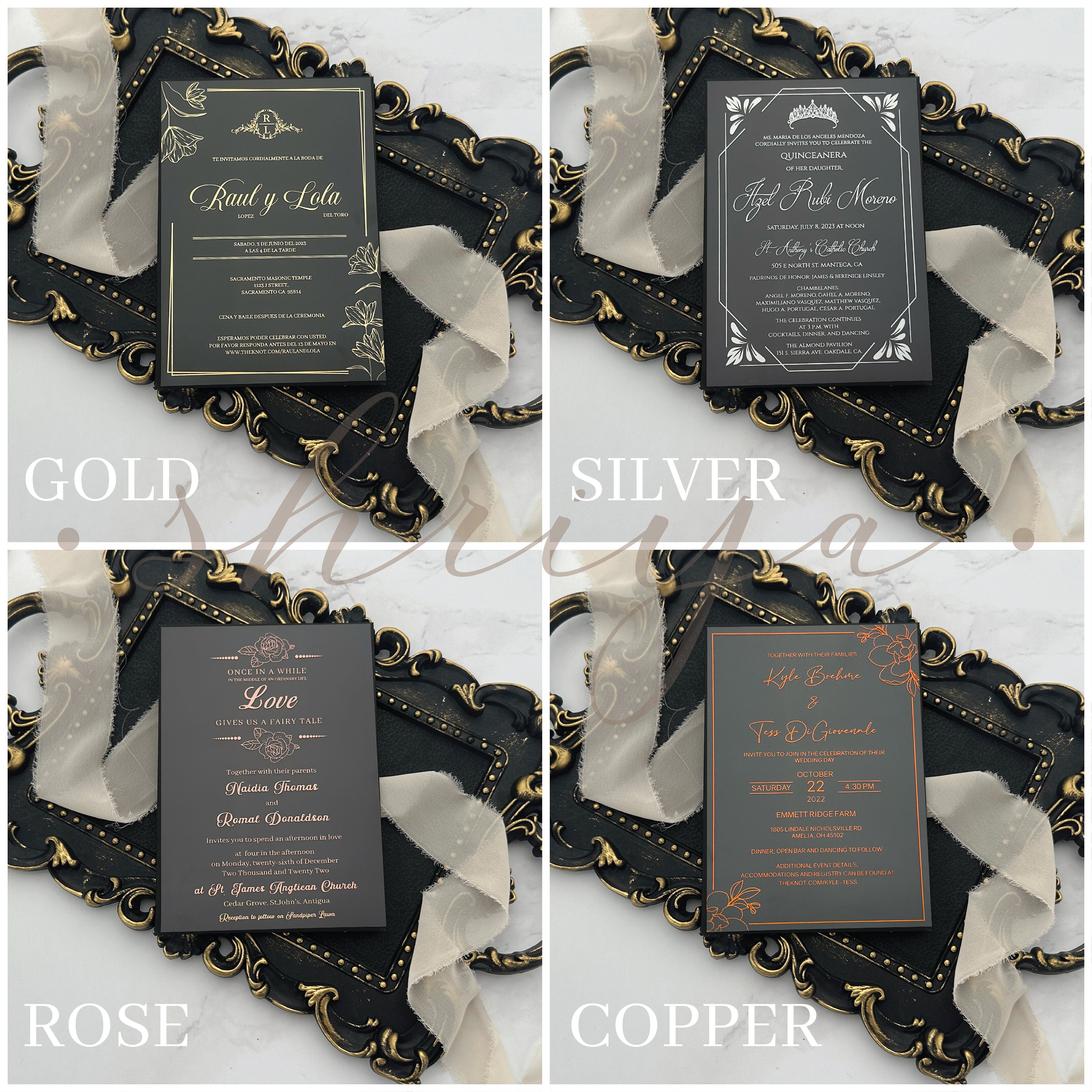 Gold Foil Printed Acrylic Wedding Invitation with Black Envelope