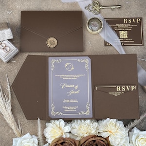 Uitnodiging bruine zakenvelop, acryluitnodiging met goudopdruk, bruine en gouden RSVP-kaart, mooie uitnodigingen