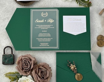 Lavender Decorated Emerald Green Pocket Envelope and Gold Printed Clear Acrylic Wedding Invitation Suite
