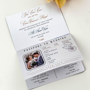 Op de afbeelding: Een trouwkaart in paspoortstijl met gouden letters die de namen van het paar en de evenementdetails aankondigen. De uitnodiging bevat een foto van het paar en de datum, tijd en locatie van de bruiloft.