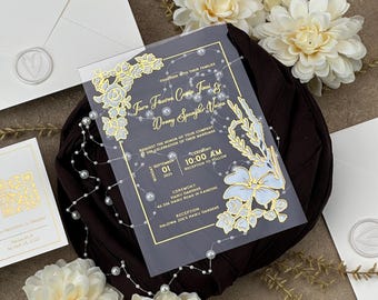 Glitter Gold & White Flower Acrylic Wedding Invitation with RSVP