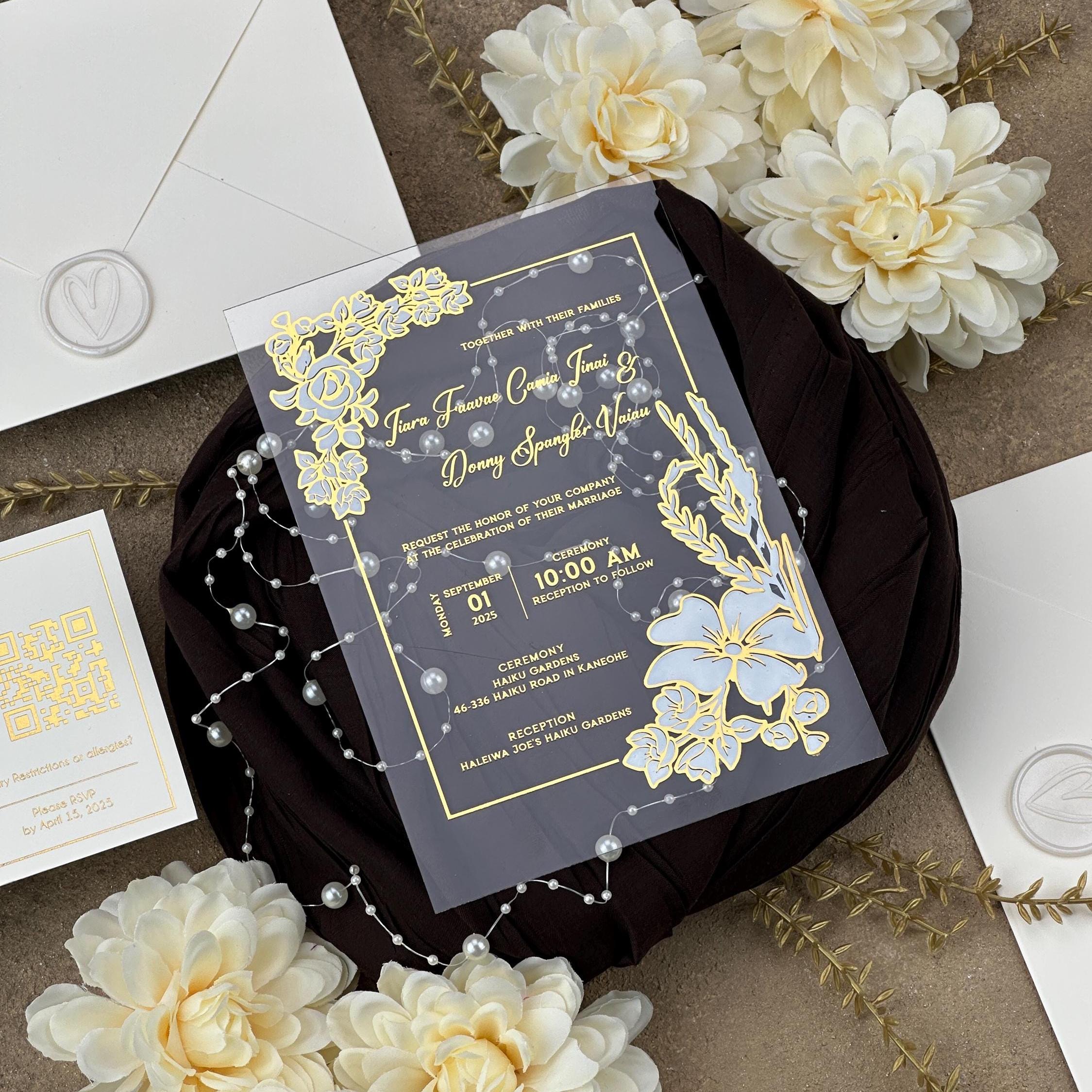 Glitter Gold & White Flower Acrylic Wedding Invitation with RSVP 