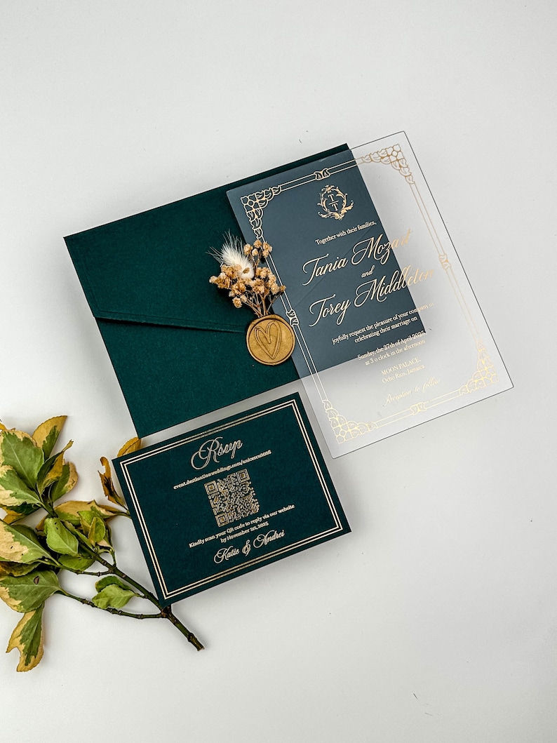 Hunter Green Envelope With Gold Foil And Pocket Acrylic Invitation for Wedding