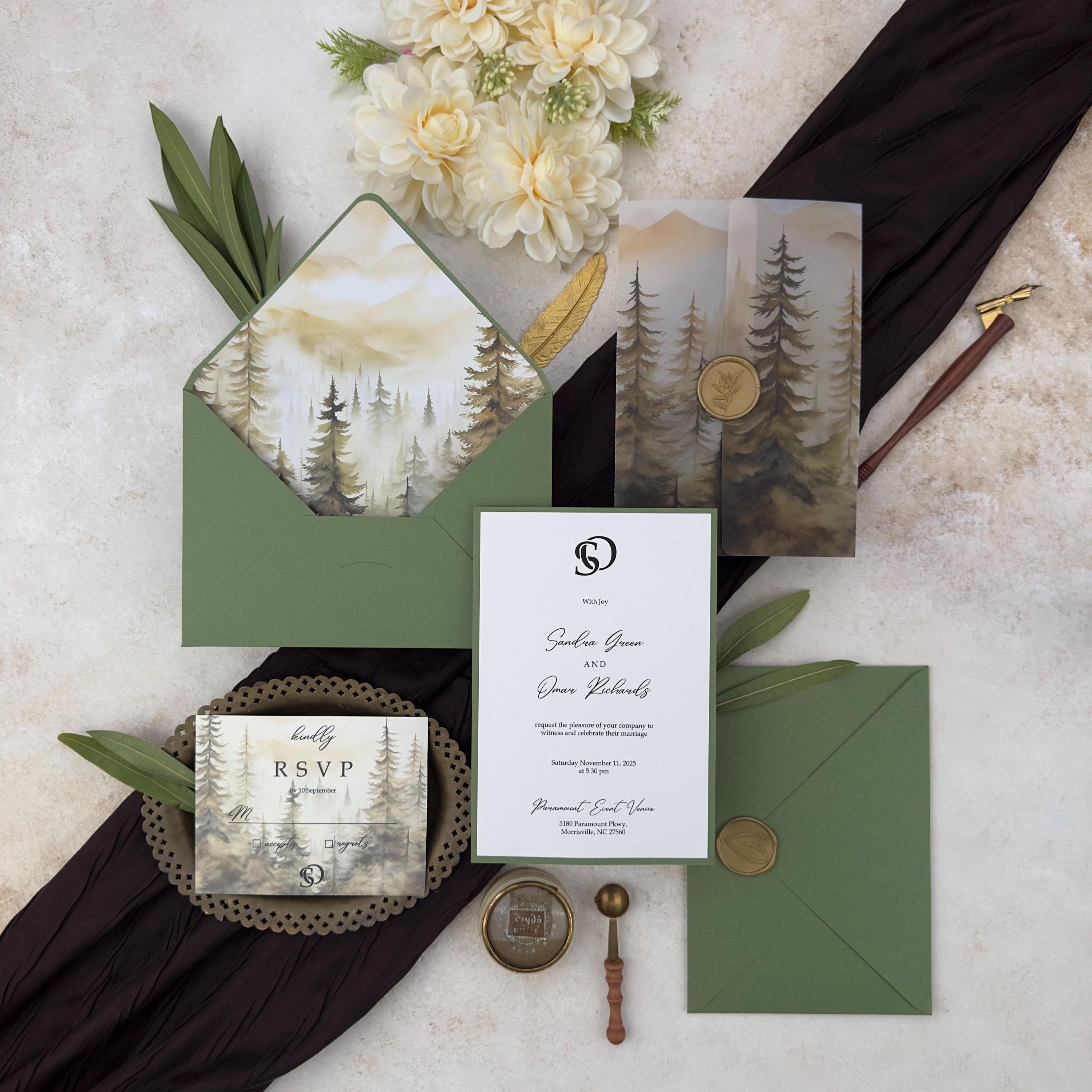 Watercolor Forest Wedding Invitation Set: Rustic Pine Tree Suite