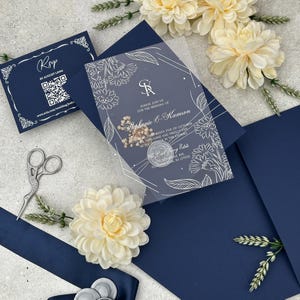 Luxury Royal Blue Wedding Invitation, Silver Foil Print Acrylic Card, Custom Invites With Dried Flower Decoration