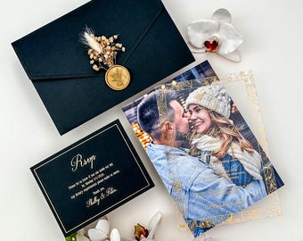 Acrylic Wedding Invitation: Gold Print, Black Pocket Envelope, RSVP Card