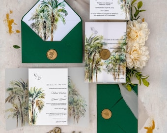 Palm Tree Wedding Invitation Suite, Tropical Greenery, Modern Island Design