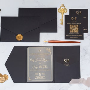 Goldvergoldung gedruckte Acryleinladung, Schwarzer Umschlag mit Tasche, Rsvp-Karte mit QR-Code, anpassbare Farbe und Drucktypen Bild 2