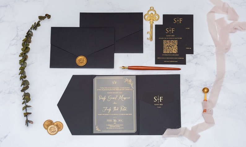 Gold gilding printed acrylic invitation, Black envelope with pocket, rsvp card with QR code, Customizable color and print types image 2