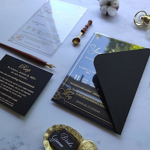 Unique Wedding Invitation, Black And Gold Invitation, Rsvp Cards For Wedding, Acrylic Invitations, Personalized Stationary