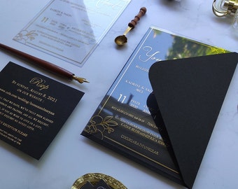 Einzigartige Hochzeitseinladung, schwarze und goldene Einladung, Rsvp-Karten für Hochzeit, Acryl-Einladungen, personalisierte stationär