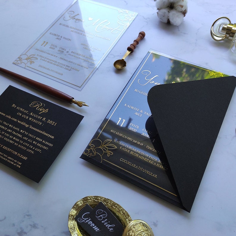 Unique Wedding Invitation, Black And Gold Invitation, Rsvp Cards For Wedding, Acrylic Invitations, Personalized Stationary image 1