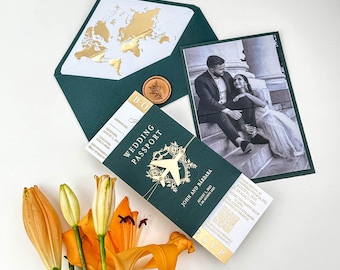 Green Gold Foil Initial Wedding Passport Invitation with Photo and Boarding Pass