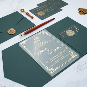 Dark green envelope with pocket, Wedding invitation with gold glitter print, rsvp card with QR code, With Love seal, Customizable envelope 画像 4