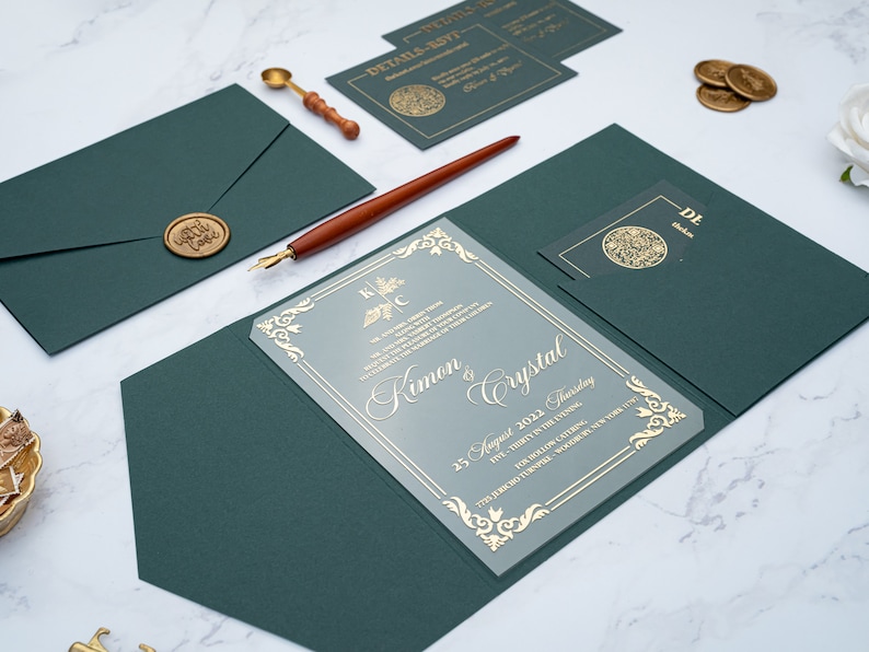 Dark green envelope with pocket, Wedding invitation with gold glitter print, rsvp card with QR code, With Love seal, Customizable envelope 画像 4