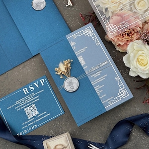 Petrol Blue Glittery Half Cover Envelope Silver Gilded Printed Acrylic Wedding Invitation
