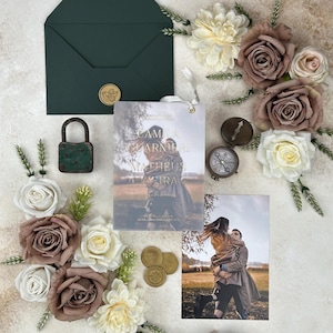 Convite de casamento em velino, convite fotográfico verde escuro, cartões de casamento elegantes