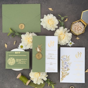 Conjunto de convites de casamento botânicos de luxo | Convites verdes e dourados | Cartão de detalhes RSVP | Papelaria elegante para casamento | Design floral