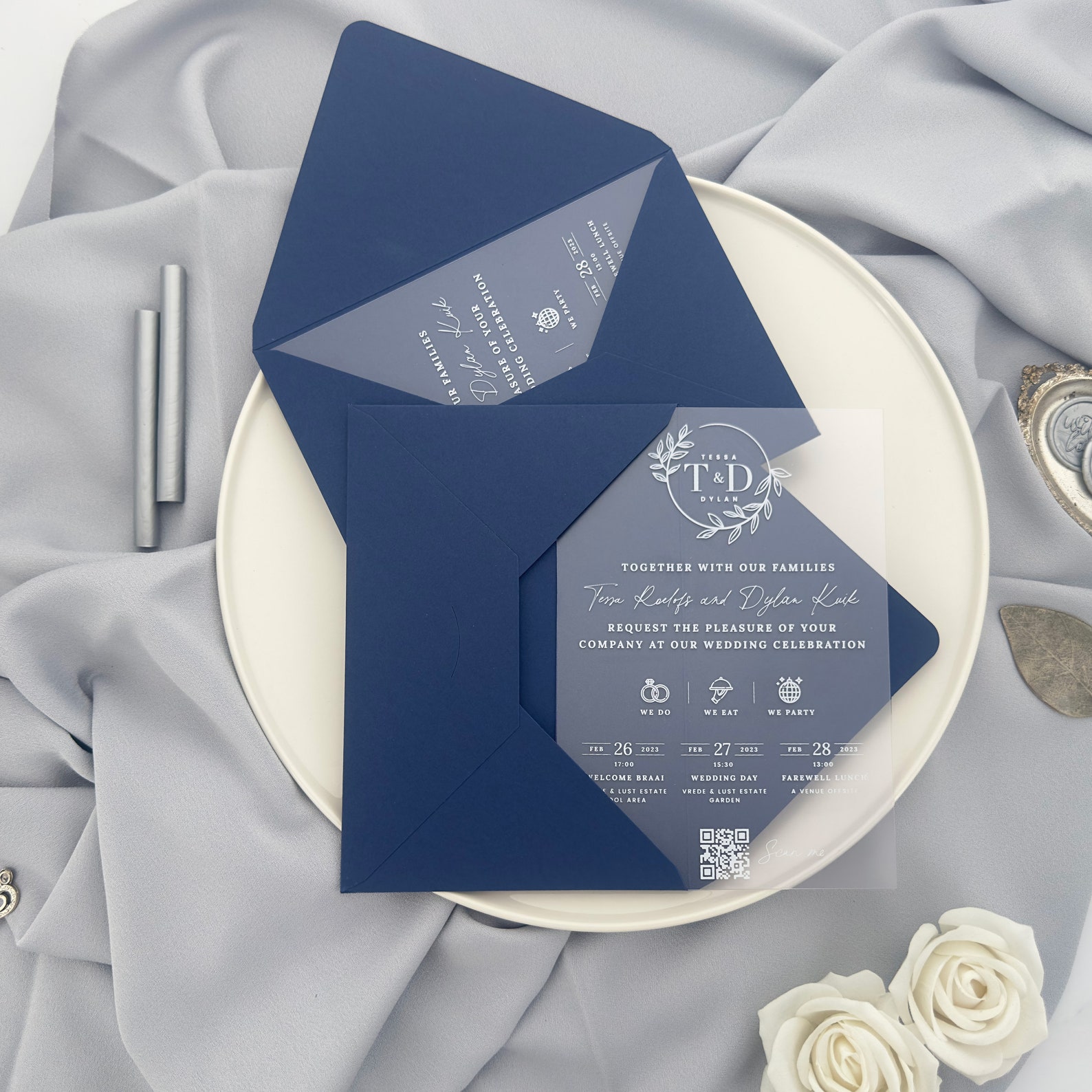 White Ink Frosted Acrylic Wedding Invitation With Timeline and Initial ...
