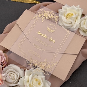 Convite de casamento em acrílico com bolso de champanhe brilhante e folha de ouro
