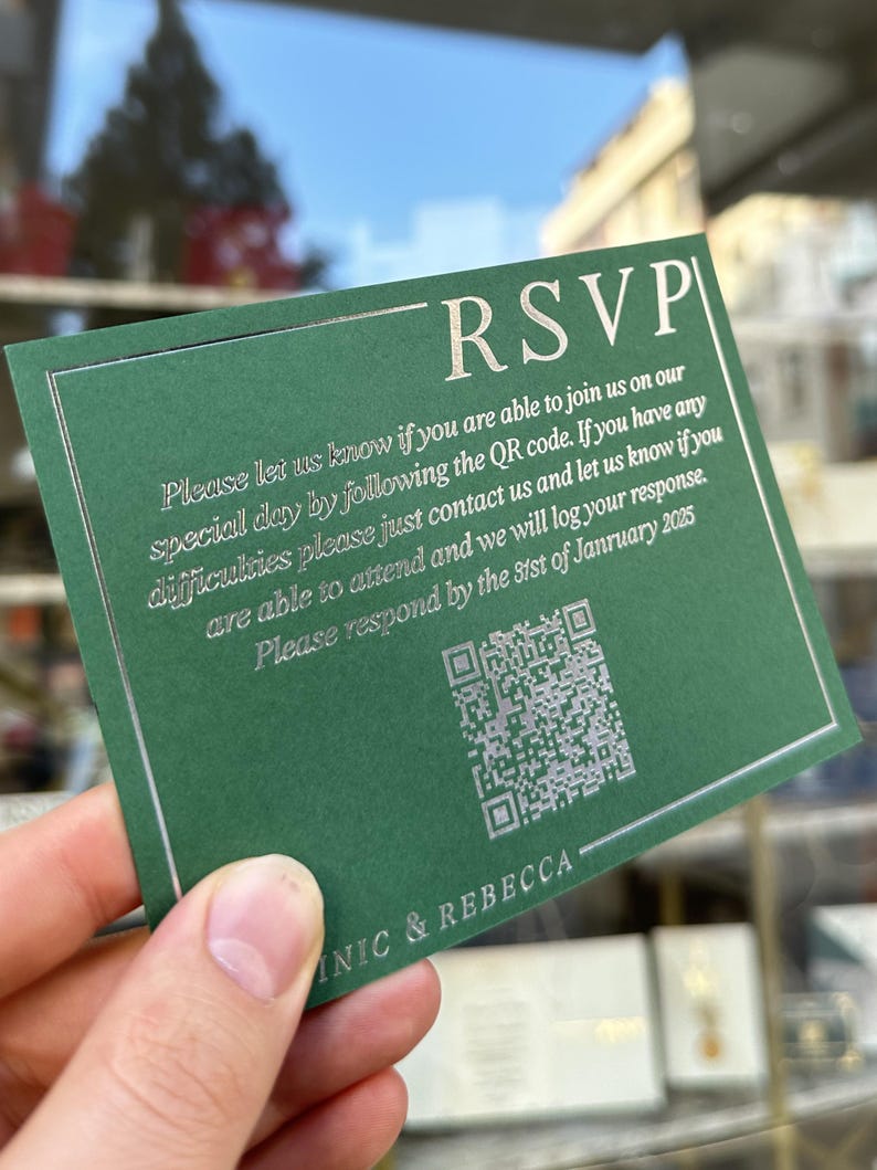 Antique Green Clear Acrylic Wedding Invitation, Silver Foil Embossment