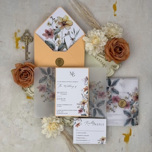 Vellum Wedding Invitation Suite with Floral Accents and Wax Seal, Watercolor Flower Invitation Set with Included RSVP and Lined Envelope