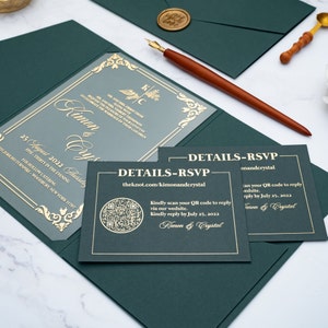 Dark green envelope with pocket, Wedding invitation with gold glitter print, rsvp card with QR code, With Love seal, Customizable envelope 画像 1