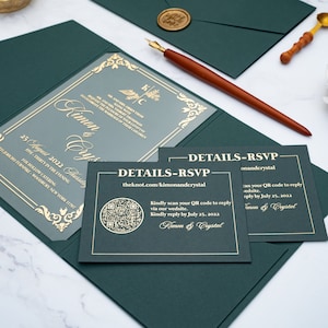 Donkergroene envelop met vak, trouwkaart met gouden glitterprint, RSVP-kaart met QR-code, With Love-zegel, aanpasbare envelop