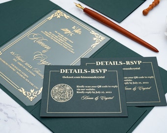Donkergroene envelop met zak, huwelijksuitnodiging met gouden glitterprint, rsvp-kaart met QR-code, met liefdeszegel, aanpasbare envelop