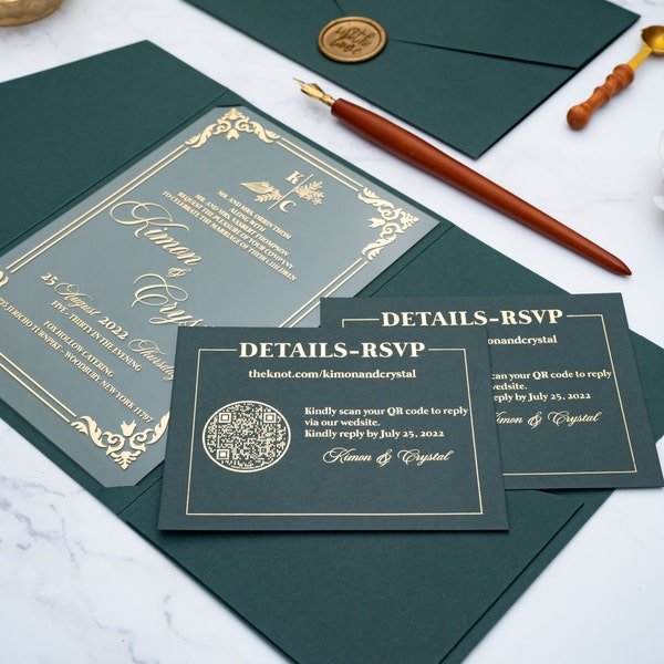 Sobre verde oscuro con bolsillo, Invitación de boda con estampado de brillo dorado, tarjeta rsvp con código QR, Con sello Love, Sobre personalizable