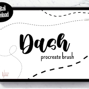 May include: A digital download for a Procreate brush called "Dash". The brush creates a dashed line effect. The image shows a white tablet with a black border, and the brush is used to draw dashed lines on the screen.